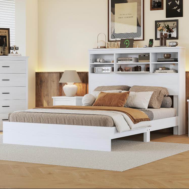 Queen Size Vintage Platform Bed,with Storage Headboard and Charging Station Bed Frame for Boys Girls Kids Adults, White