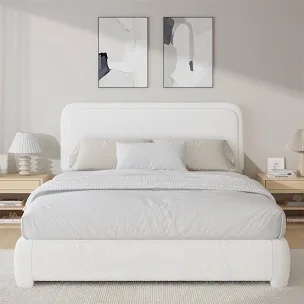White fuzzy Minimalist style form King sized bed frame with upholstery