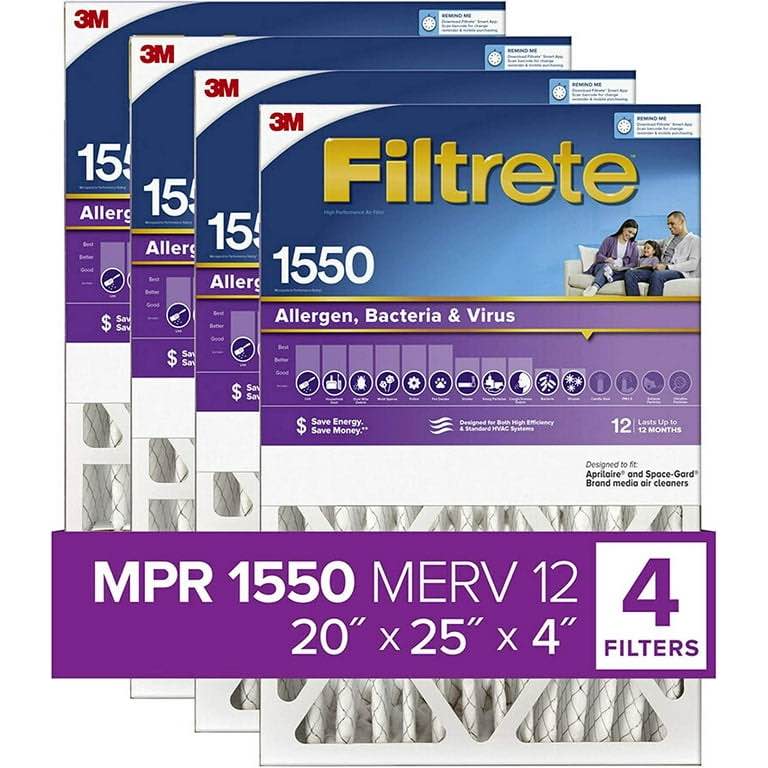 Filtrete 20x25x4SlimFit, AC Furnace Air Filter, MPR 1550 DP, Healthy Living Ultra Allergen Deep Pleat, 4-Pack actual dimensions 19.5 x 24.5 x 3.75