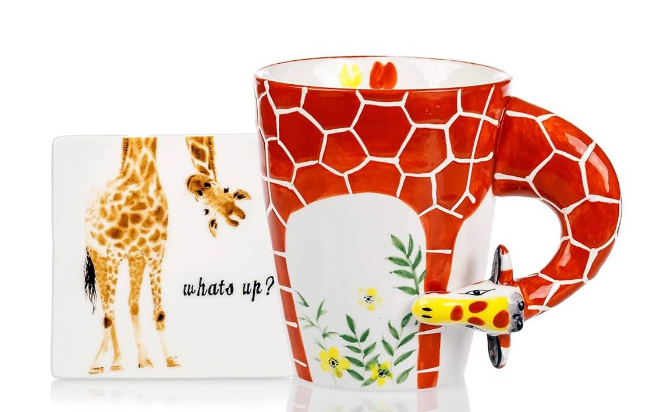 infloatables Giraffe Mug with Coaster Set - Giraffe Coffee Mug - Giraffe Ceramic Mug with What's Up Coaster - Unique Handcrafted Novelty Mugs - Cool Birthday Gift