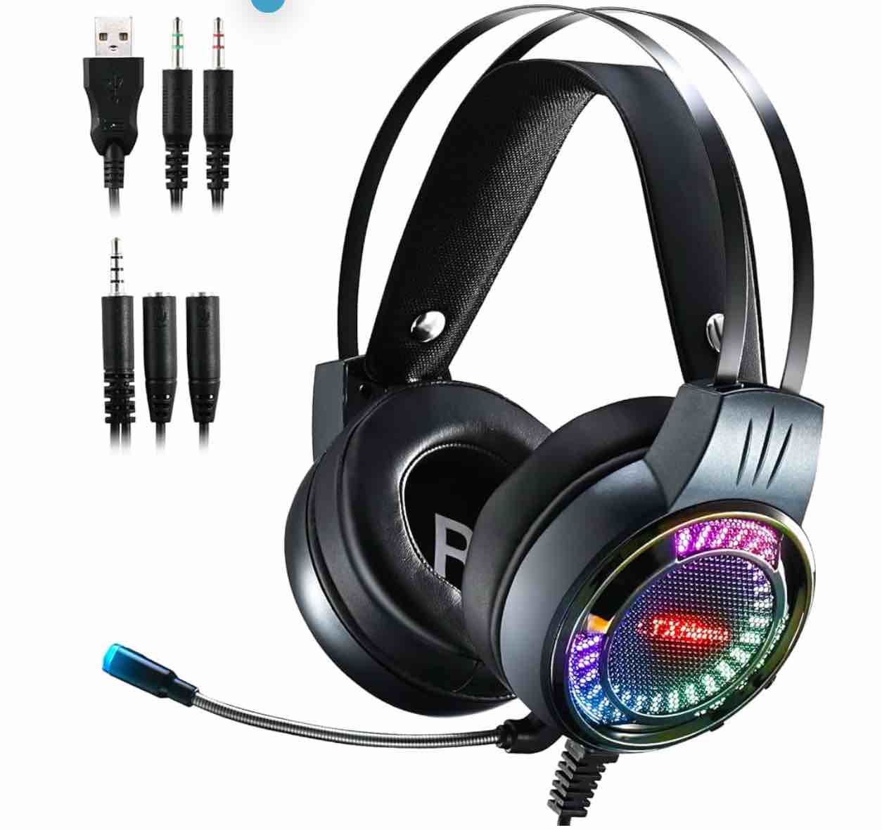 Gaming Headset, RGB PC Headset with Noise Cancelling Microphone, Over Ear Gaming Headphones, Surround Sound, Stereo Bass, LED Lights, Wired Gamer Headset for Laptop, PS4, PS5, Switch, Xbox