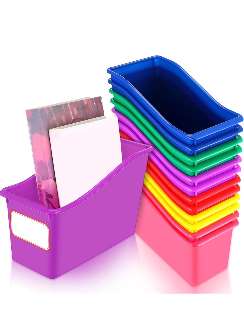 Teling 12 Pcs Plastic Book Bins Bulk for Classroom Interlocking Magazine Holder Organizer Folder Binder Storage Container Box with 60 Name Labels for School Home Office Supply (6 colors)