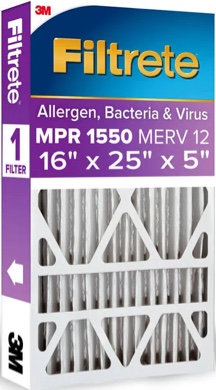 16x25x5 Filtrete 1550 MPR Allergen, Bacteria Virus Electrostatic Pleated Air Filter