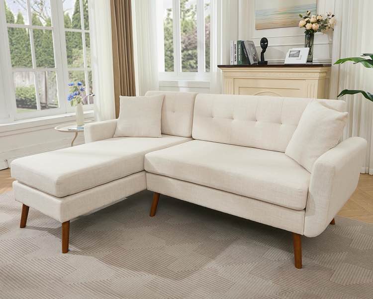 Tbfit L Shaped Couch Sofa, 80" W Mid-Century Modern Sectional Couches, 3 Seater Sofas with Wide Chaise Lounge & Two Pillows,Button Tufted Upholstered Sectional Sofa for Living Room, Bedroom,  MISSING SECTION 