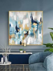 blue and gold abstract wall art for office. large hand-painted oil painting for living room. framed blue wall painting contemporary for bedroom home decoration ready to hand 30x30inches