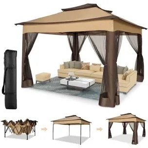 (Does not come with cover) HOTEEL 11'x 11' Pop up Gazebo with 4 Mosquito Netting, Outdoor Canopy Tent with Double Roof Tops and 121 Square ft of Shade for Patio, Garden, Camping Shelter, Brown
