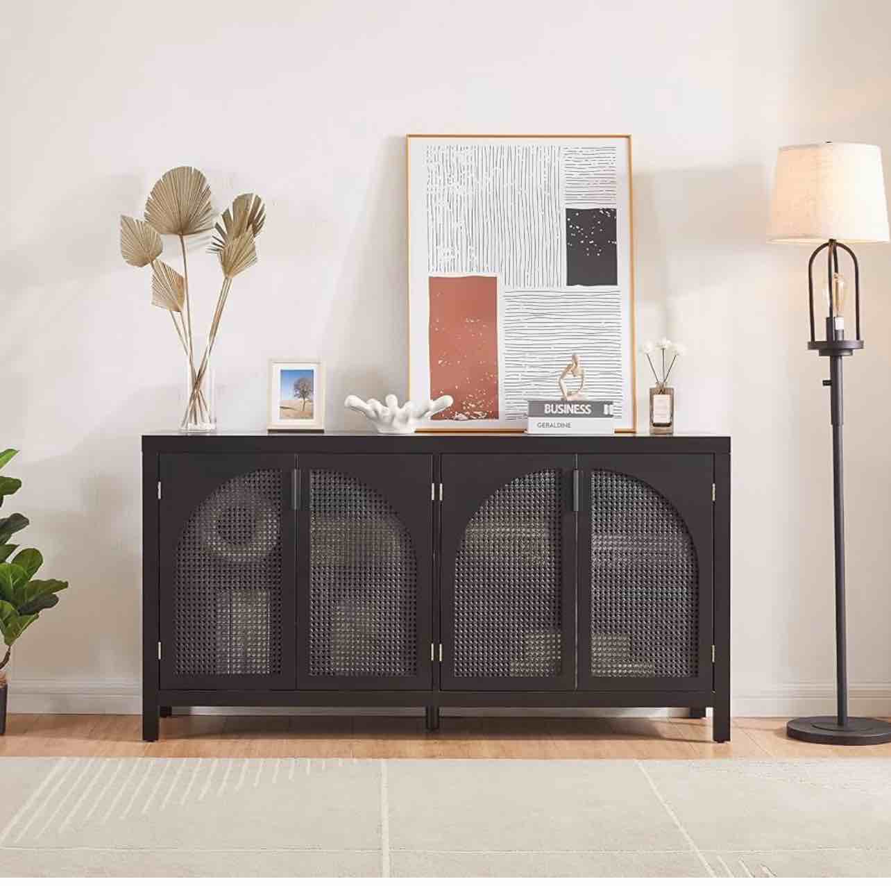 buffet cabinet with storage,sideboard buffet cabinet with retro design, artificial rattan doors, and metal handles - spacious buffet table for dining, living room, kitchen, and entryway (black)
