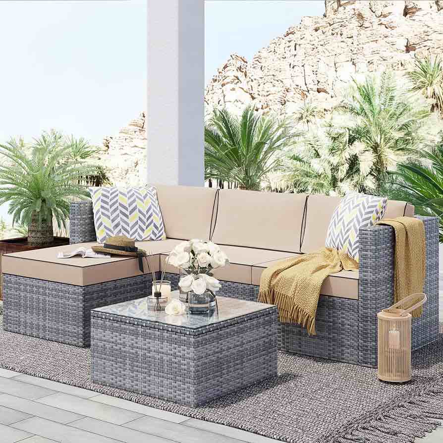 Silver Rattan Khaki Cushion Outdoor Seating Group - Two Single Arm Chairs & Middle Armless Seat