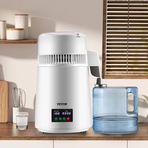 VEVOR Water Distiller, 1.1 Gal Distilled Water Machine, 750W Pure Water Distilling w/BPA Free Plastic Container, Water Distillation Kit w/Button, Countertop Distilled Water Maker for Home, White