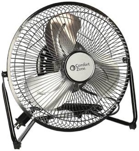 Comfort Zone 9 inch Cradle Fan, 3 Speed Floor or Table Fan with180 Degree Tilt, Metal Construction and Aluminum Blades, Carry Handle, Rubber Feet, Ideal for Bedroom, Workshop, or Garage, Black