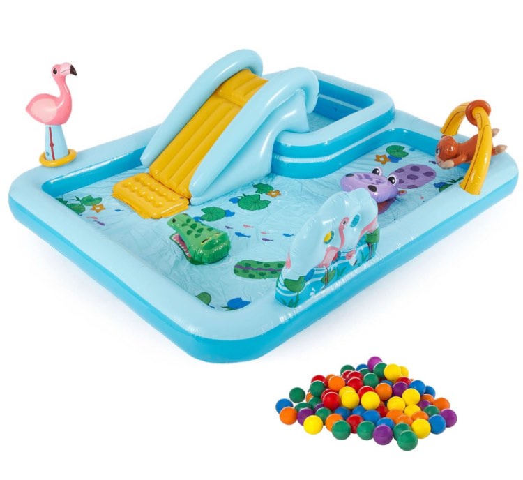 Intex 96 x 78 x 28 Ft Inflatable Jungle Adventure Play Center Spray Kiddie Pool & Small Plastic Multi-Colored Fun Ballz for Ball Pit, 100 Pack