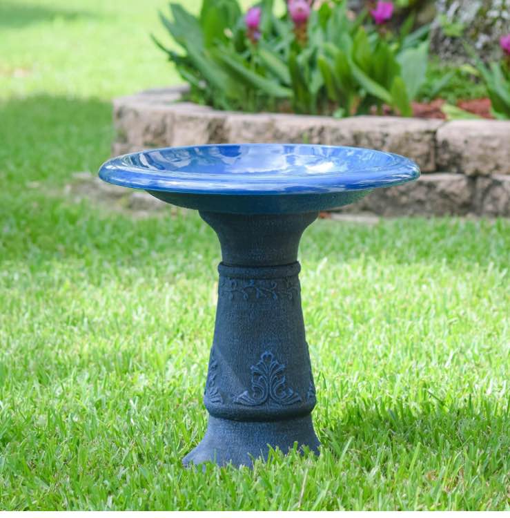 Arcadia Garden Products Fiberclay Bird Bath Outdoor Garden Decor, Antique Vintage Weather Resistant Water Bowl for Backyard and Patio and, 20-inch Tall, Blue