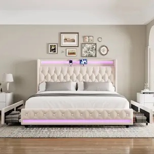 Glastonbury Upholstered Wingback Bed, 4 Droove Stage Bed with LED lights 