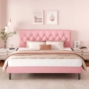 VIPLOV King Size Bed Frame , Modern Fabric Upholstered Platform Bed Frame with Strong Wood Slat Support, Easy Assembly,PINK