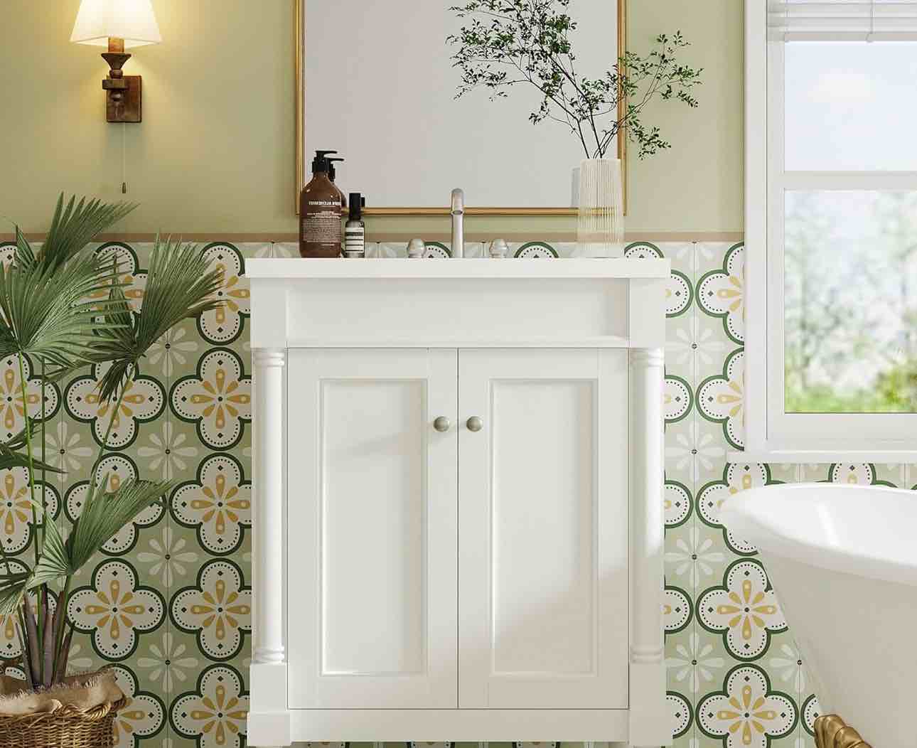 OLD CAPTAIN Bathroom Vanity with Ceramic Sink, Wooden Double Door Bathroom Storage Vanity with 24 Inch, Small Quick Assembly Bathroom Cabinet, White & Grey