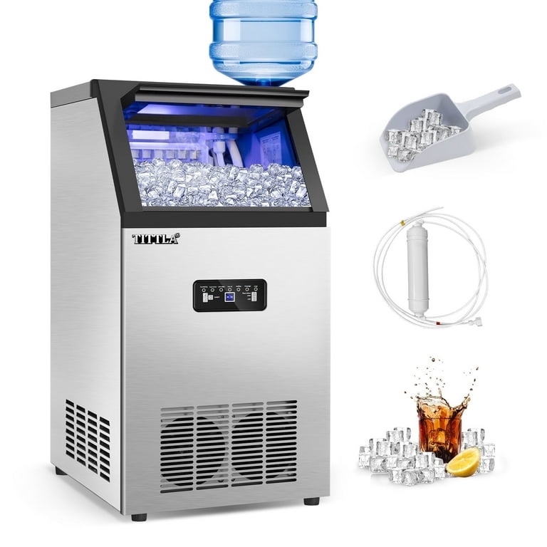 (Missing a box) TITTLA 100Lbs/24H Commercial Ice Maker Machine,24 Lbs Storage,45 Ice Cubes in 12-15 Mins,Stainless Steel Ice Maker for Home Bar Cafe