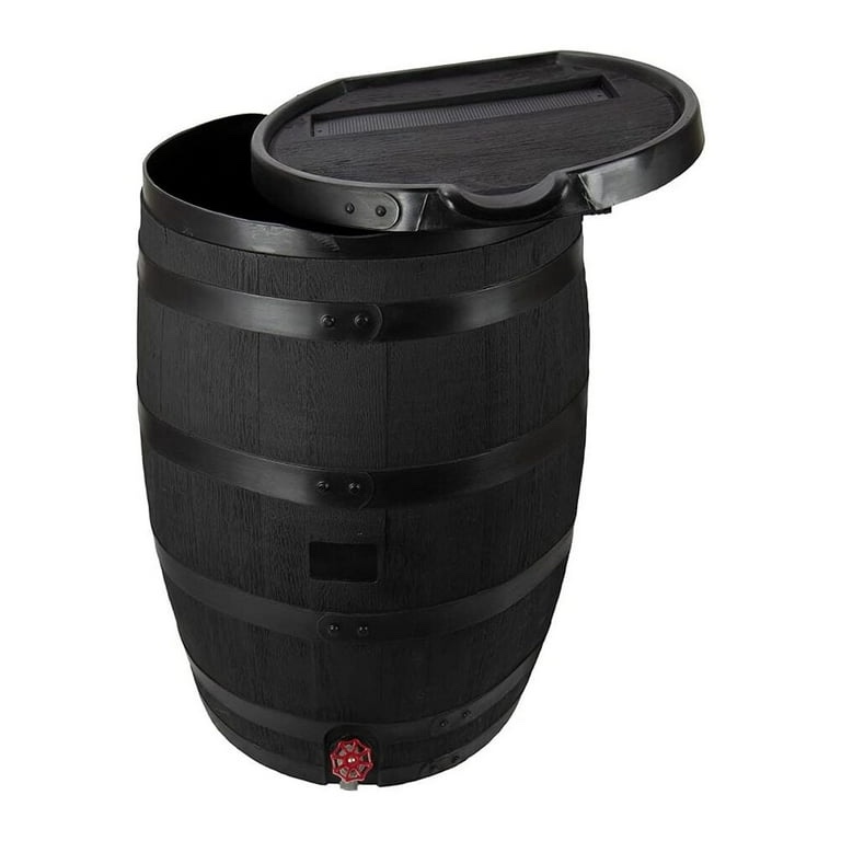 (Bucket bent) RTS Home Accents Polyethylene 55 Gallon Premium Flat Back Eco Rain Barrel with Removable Lid, Black Color