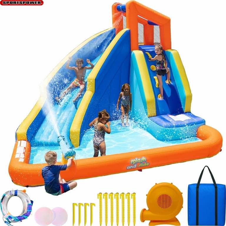 (Used) Sportspower Big Wave II Inflatable Water Slide with Climbing Wall & Splash Pool, Ages 3-8, Heavy Duty, ASTM Certified, Lifetime Warranty on Included Blower