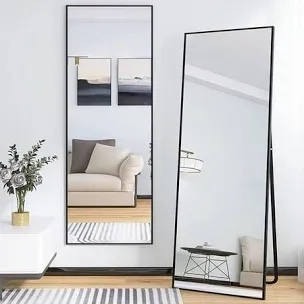 Full Length Mirror 65''22'' Wall Mounted or Free Standing With Stand - Full Body Dressing Mirror With Aluminum Alloy Thin Frame, Black
