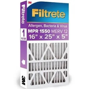 Filtrete 16x25x5 Air Filter MPR 1550 DP MERV 12, Healthy Living Ultra Allergen Deep Pleat, 1-Pack, Fits Lennox & Honeywell Devices (exact dimensions 15.62 x 24.12 x 4.87), White