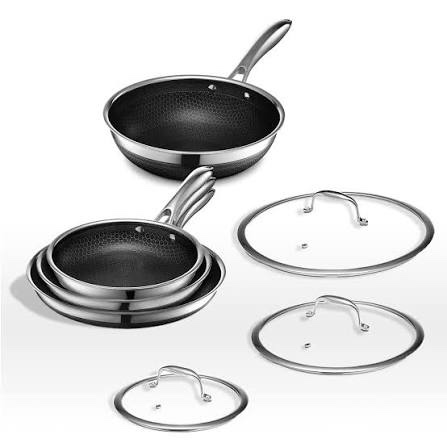 Hexclad Commercial 7 Piece Cookware Pan Set  Hybrid  Nonstick Tri-Ply  Stainless Steel