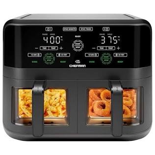 (Used) CHEFMAN 6 Quart Dual Basket Air Fryer Oven with Easy View Windows, Sync Finish, Hi-Fry, Auto Shutoff, 2 Independent 3Qt Nonstick Dishwasher Safe Frying Baskets, Digital Double Air Fryer - Black