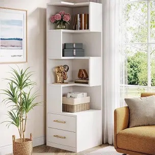 Wampat 66.9" H Corner Bookcase With 5-Tier Shelf And 2 drawers 