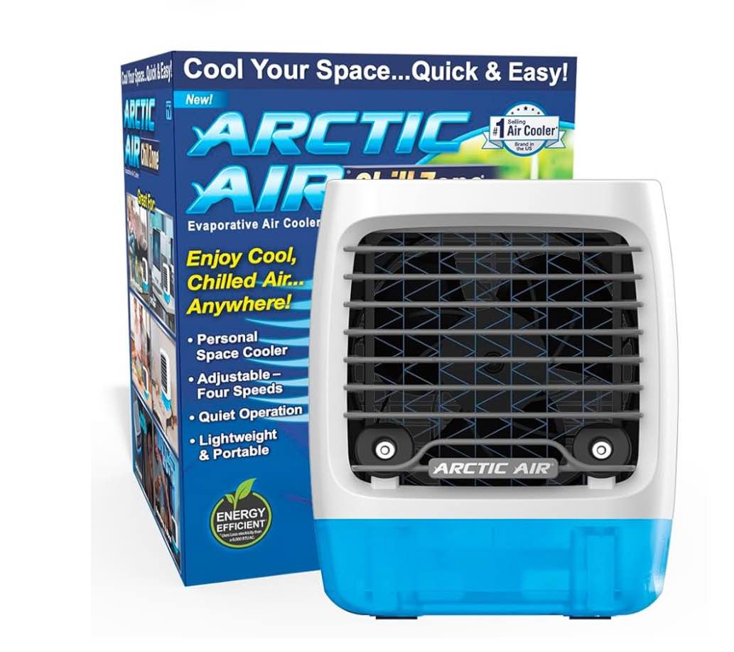 Arctic Air Chill Zone Evaporative Cooler with Hydro-Chill Technology, Portable Fan with 4 Adjustable Speeds, 8-Hour Cooling, Fan for Bedroom, Living Room, Basement, Office & More
