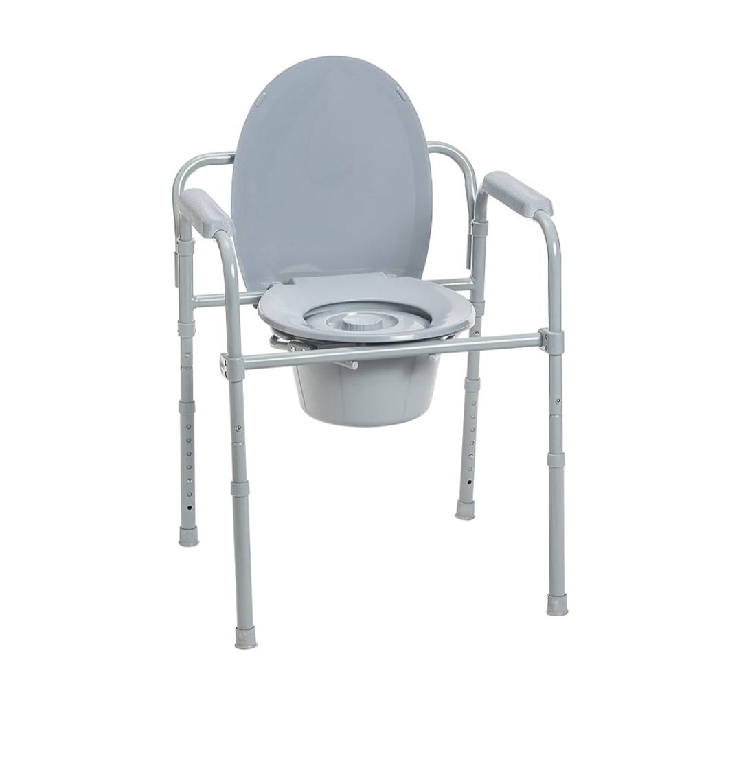 Drive Medical RTL11158KDR Folding Steel Bedside Commode Chair, Portable Toilet, 350 Pound Weight Capacity with 7.5 Qt. Bucket, Grey