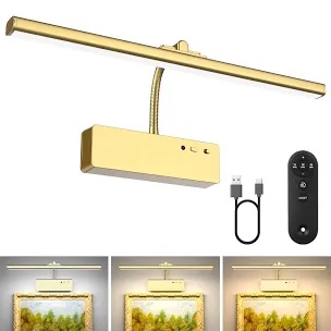 Picture Light with Remote, 15.35inch Wireless Rechargeable Battery Wall Light for Paintings, 3 Colors Paintings Light Dimmable and Timer Metal Art Light for Display, Wall, Artwork, Gallery (Gold)