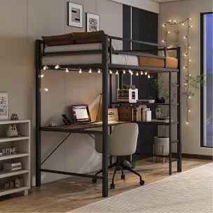 (Missing a box)  Loft Bed with L-Shaped Desk, Led Lights And Charging Sation, Loft 