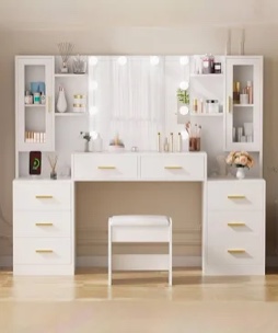 59.1" Large Vanity Desk Table With Mirror & Lights, White Makeup Vanity