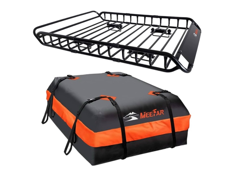 MeeFar Roof Rack Carrier Basket Universal Rooftop 51" X 36" X 5" + Waterproof Bag 15 Cubic Feet (44" 34" 17"), and Cargo Net with Attachment Hooks, Ratchet Straps