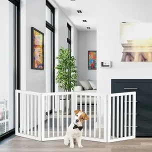 Pet Gate - 4-Panel Indoor Foldable Dog Fence for Stairs, Hallways or Doorways - 72x24-Inch Retractable Wood Freestanding Dog Gates by PETMAKER (White)