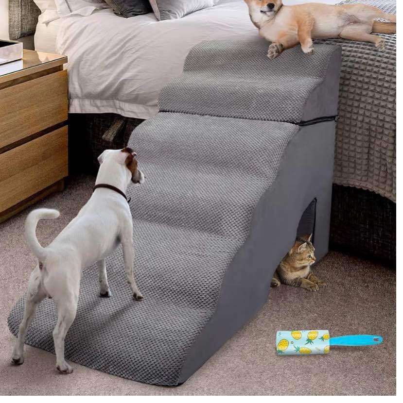 Foam Dog Stairs & Steps Ramps for High Beds 24-28inches High Tall, LitaiL 6 Step Pet Stairs for High Beds 30 inch Large Dogs, Non-Slip Dog Ramps for Small Dogs, for Older Cats ( USED)