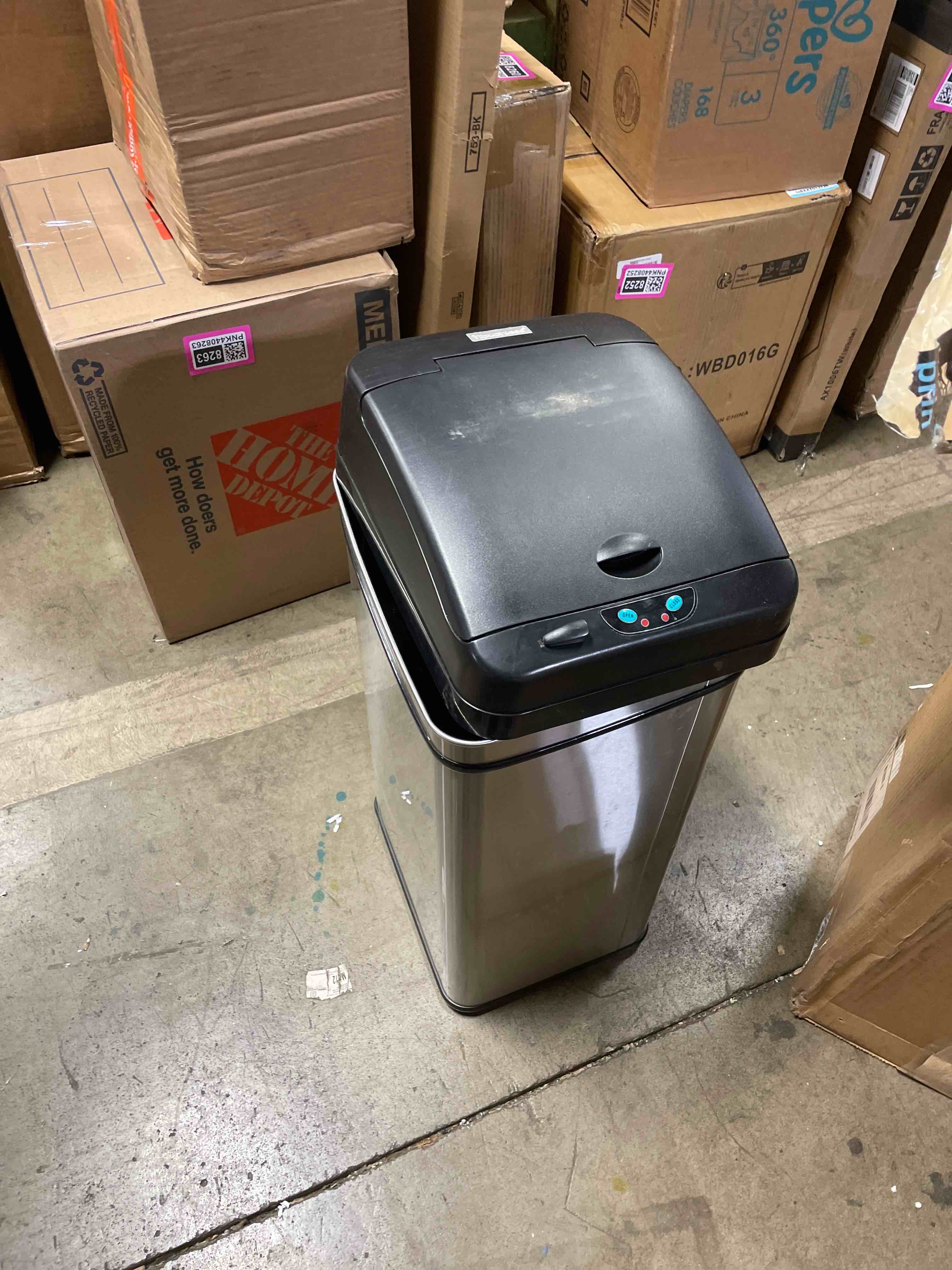 Condition photo showing As Is for iTouchless 50 Liter / 13 Gallon Sensor Dog-Proof Kitchen Trash Can with Lid Lock and AbsorbX Odor Filter, Touchless Lid, Stainless Steel Garbage Recycling Bin for Kitchen, Home, Office, Business Brushed Silver 13 Gallon PetGuard Sensor