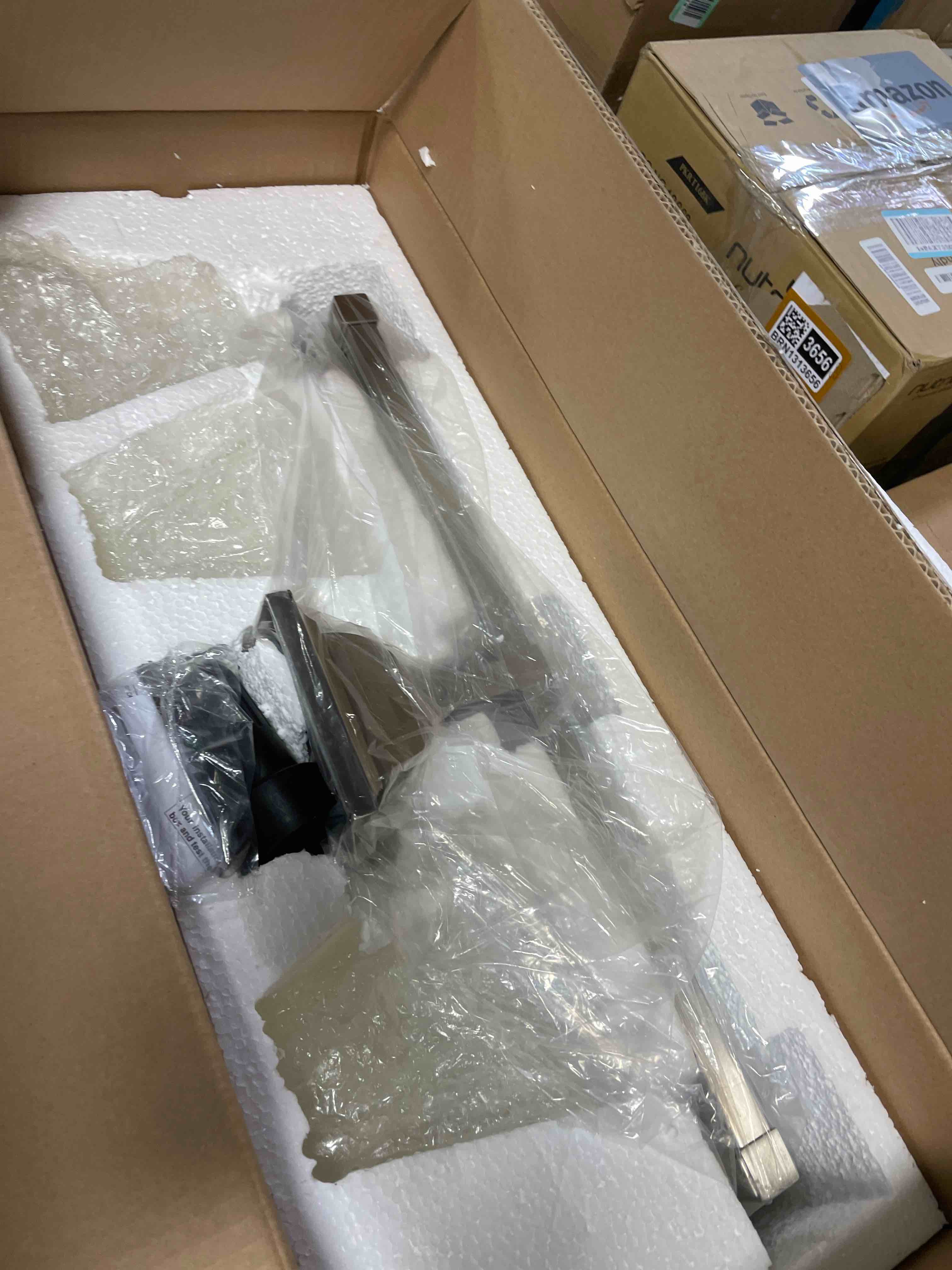 Condition photo showing New/Like New for Livex Lighting 1033-91 Mission 3 Light Vanity Brushed Nickel with Frosted Glass, 25.25 x 7.75 x 9.5 25.25 x 7.75 x 9.5 Brushed Nickel