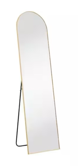 16 in. W x 59 in. H Aluminum Alloy Frame Gold Arched Floor Mirror, Floor Stand and Wall Mounted Hooks