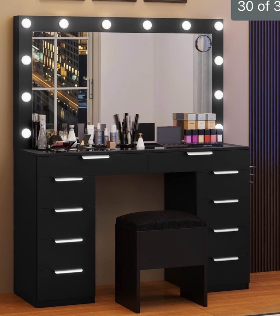Moasis White 10-Drawer Cosmetic Vanity Desk Set with Glass Tabletop Makeup Vanity with LED Strip