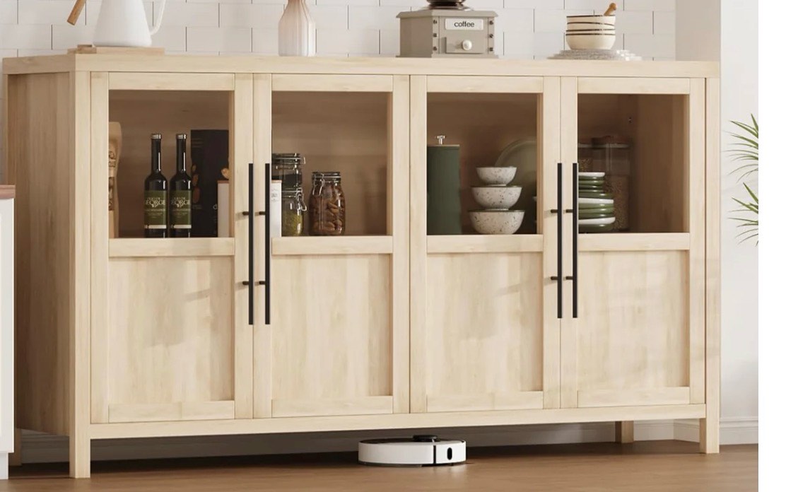 Garvee Sideboard Buffet Cabinet with 4 Glass Doors, 55" Large Buffet Cabinet with Storage, Modern Farmhouse