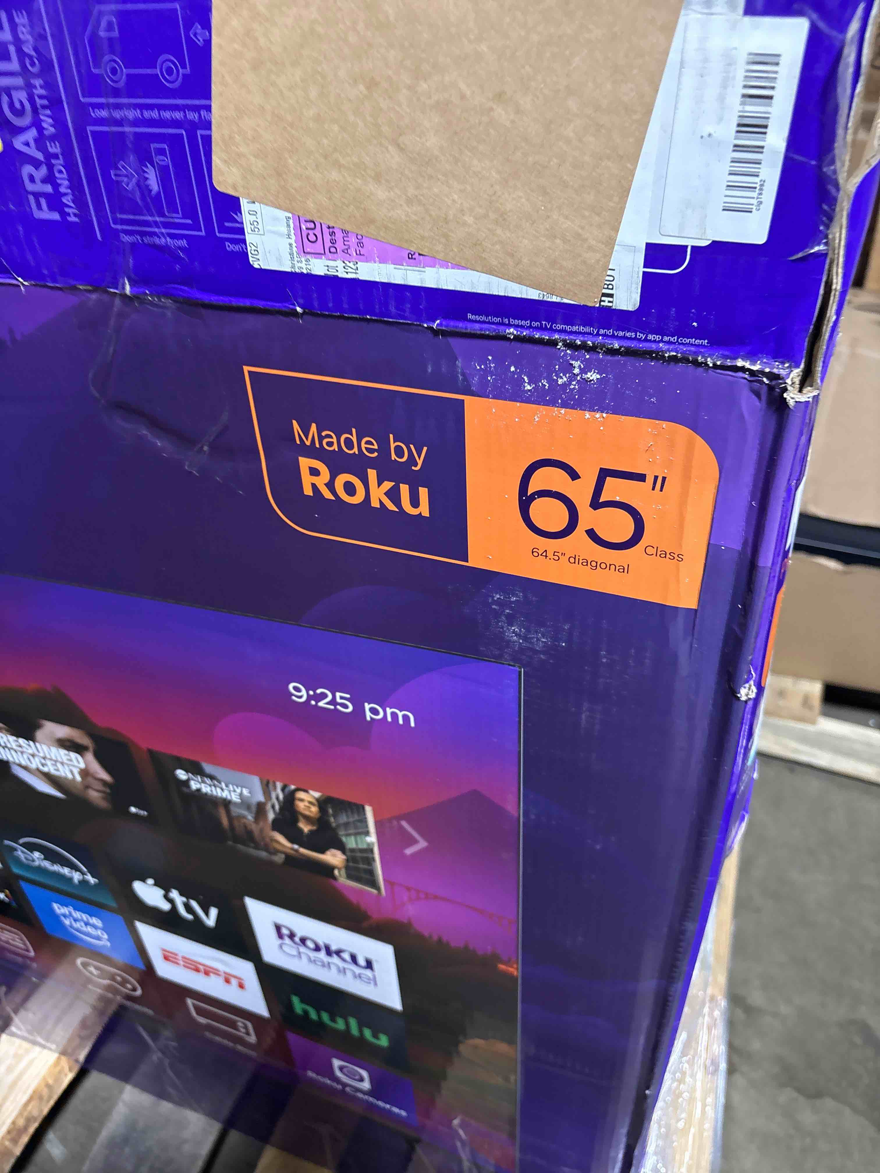 Condition photo showing As Is for roku smart tv – 65-inch plus series, mini-led tv – rokutv with enhanced voice remote – flat screen 4k qled television with dolby vision & wi-fi for streaming live local news, sports tv only 65"