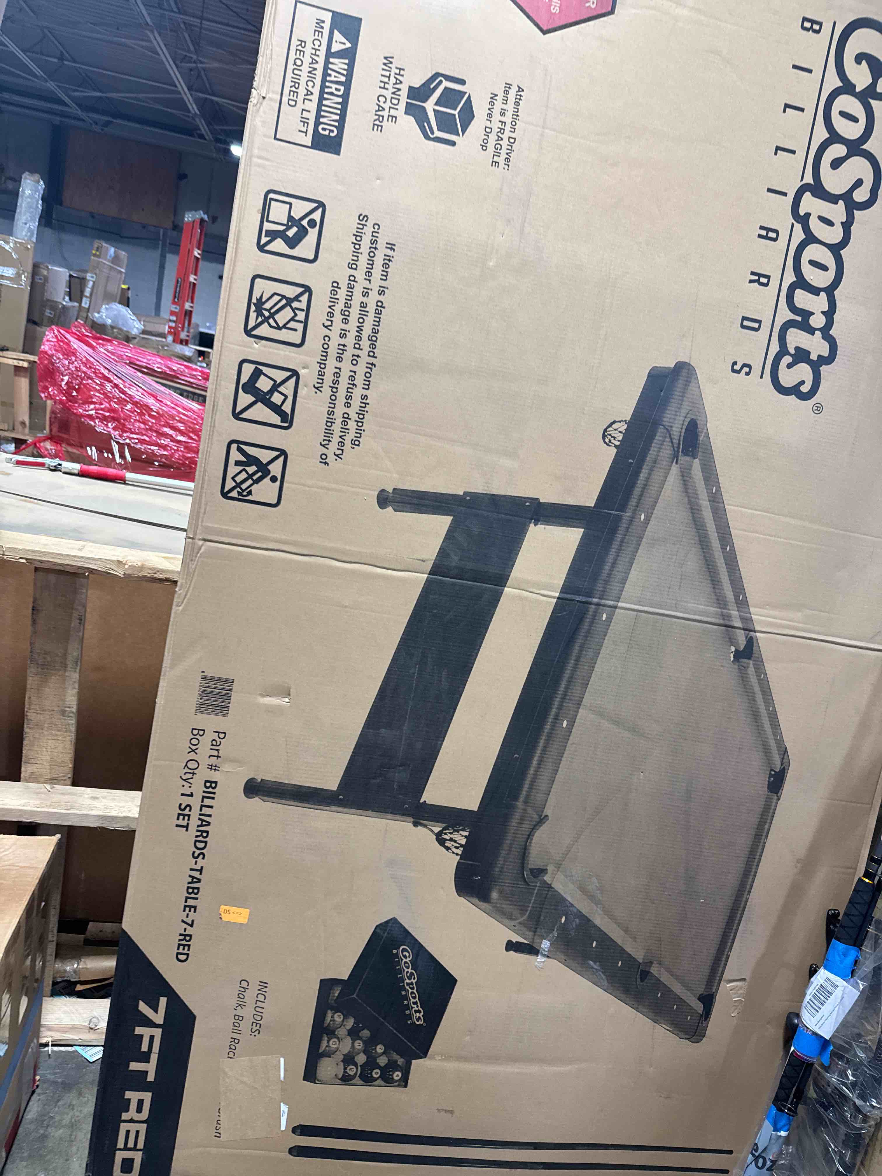 Condition photo showing New/Like New for gosports 6, 7, or 8 ft billiards tables - no assembly, choose your color - portable pool table includes full set of balls, 2 cue sticks, chalk and felt brush 7ft red