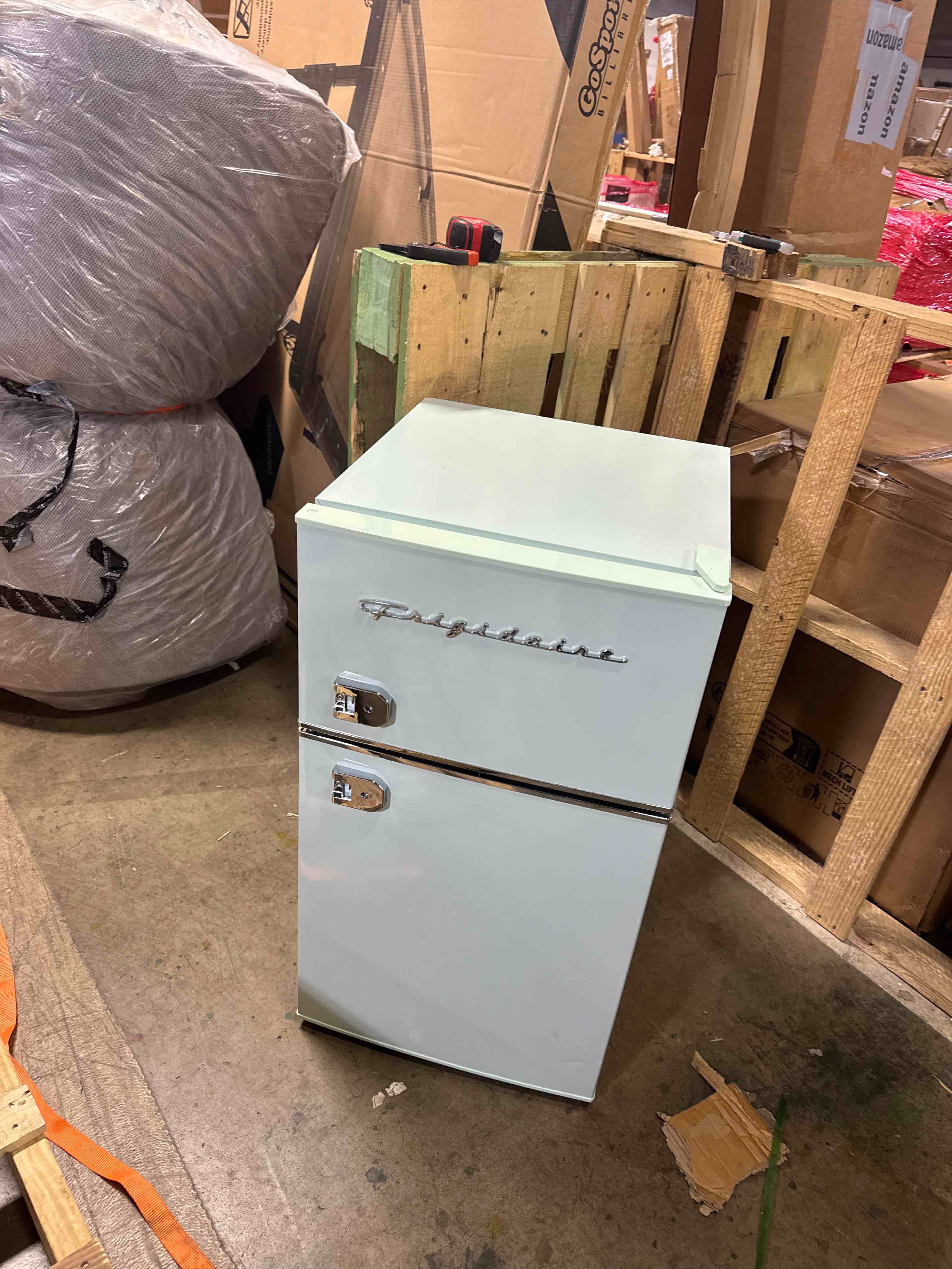 Condition photo showing Good Condition for frigidaire 3.2 cu ft 2 door retro fridge with side bottle opener mint, small refrigerator