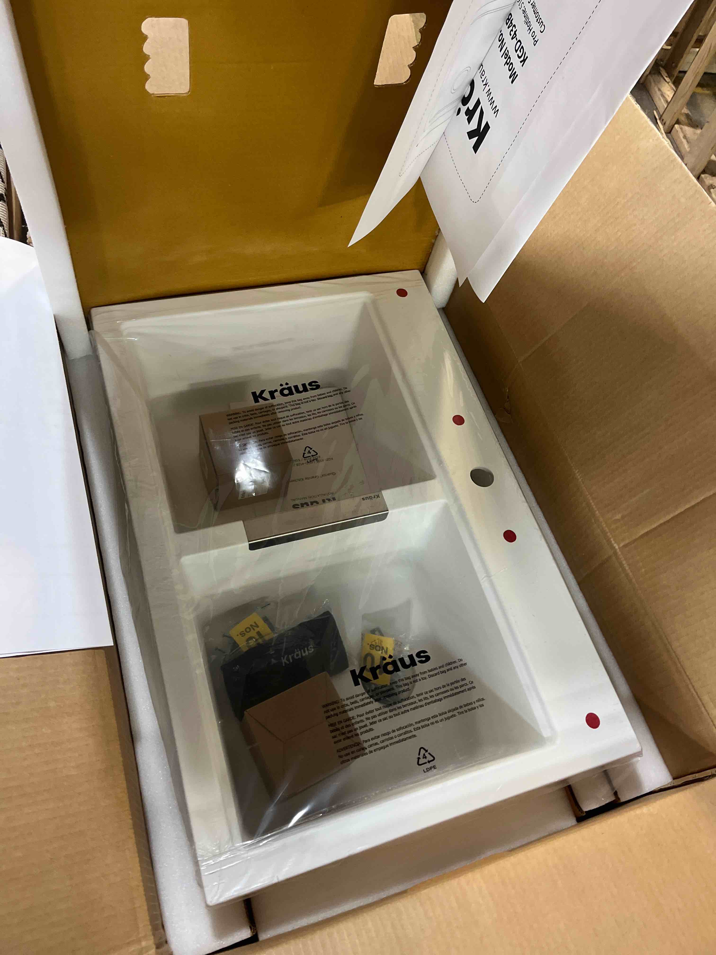 Condition photo showing New/Like New for kraus quarza 33-inch granite drop-in/undermount 50/50 double bowl white kitchen sink, kgd-433bwhite white 33 inch 50/50 double bowl