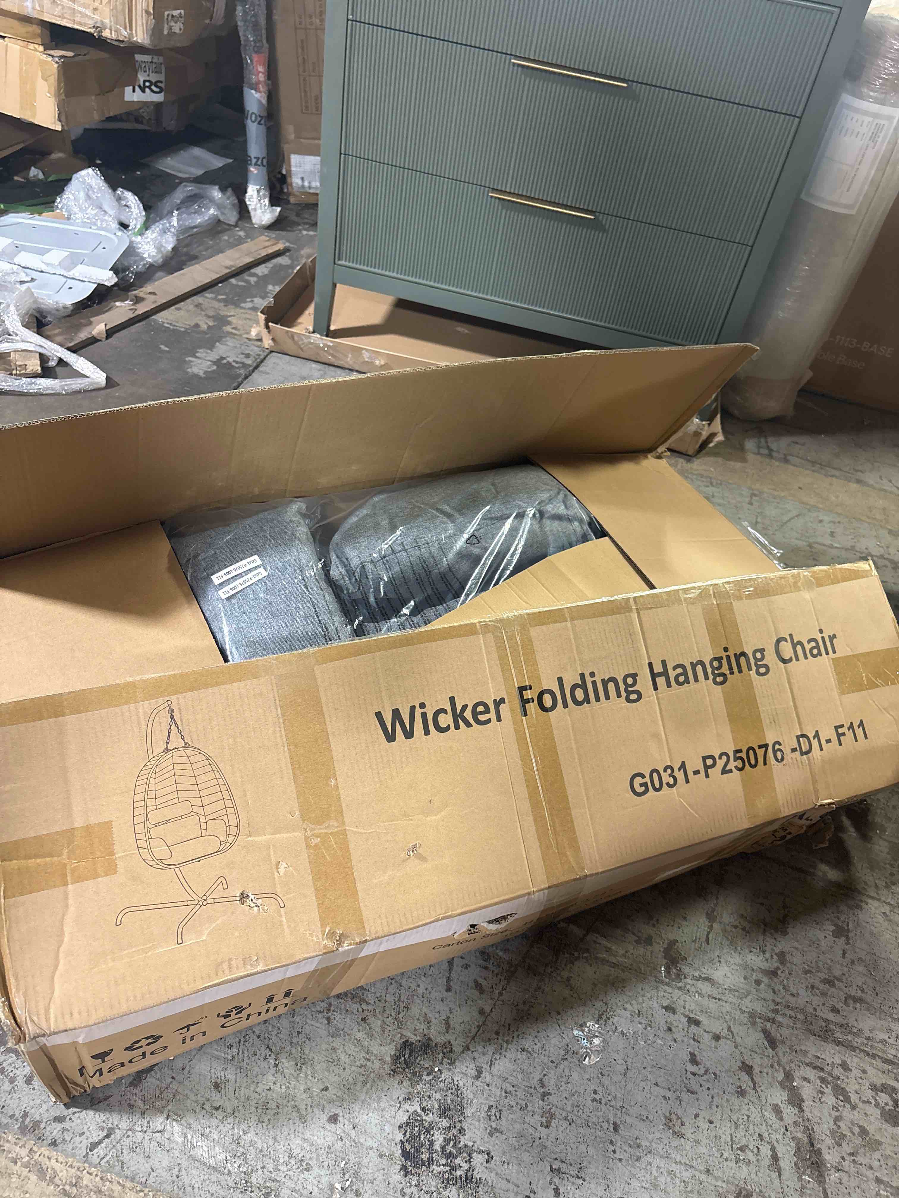 Condition photo showing New/Like New for foldable 1-person pale gray wicker patio swing egg chair with stand and light gray cushion