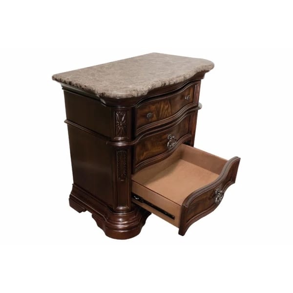 Condition photo showing New/Like New for traditional bedroom nightstand with faux marble top, solid wood 3-drawer nightstand table