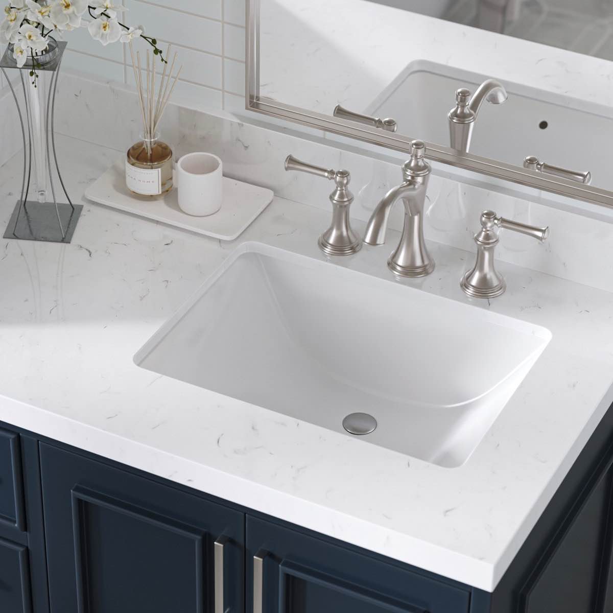 ARIEL 36 INCH CARRARA WHITE QUARTZ BATHROOM VANITY COUNTERTOP 1.5 INCH THICK MITER EDGE WITH RIGHT OFFSET RECTANGLE SINGLE SINK AND INCLUDES BACKSPLASH By Ariel Bath