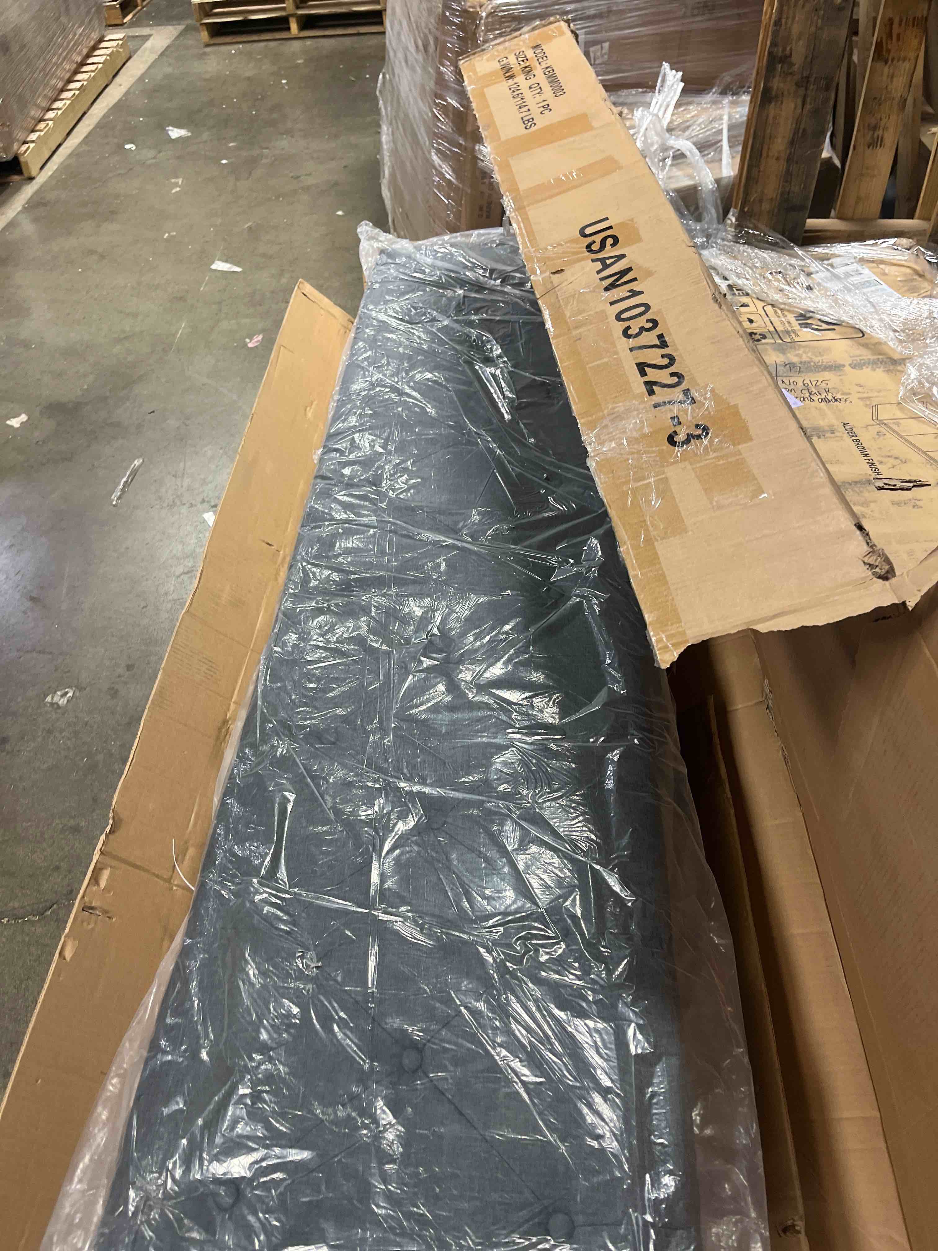 Condition photo showing Good Condition for king size bed frame with 4 storage drawers, giant upholstered wingback headboard, fast charging station, no box spring needed, noise-free, dark gray