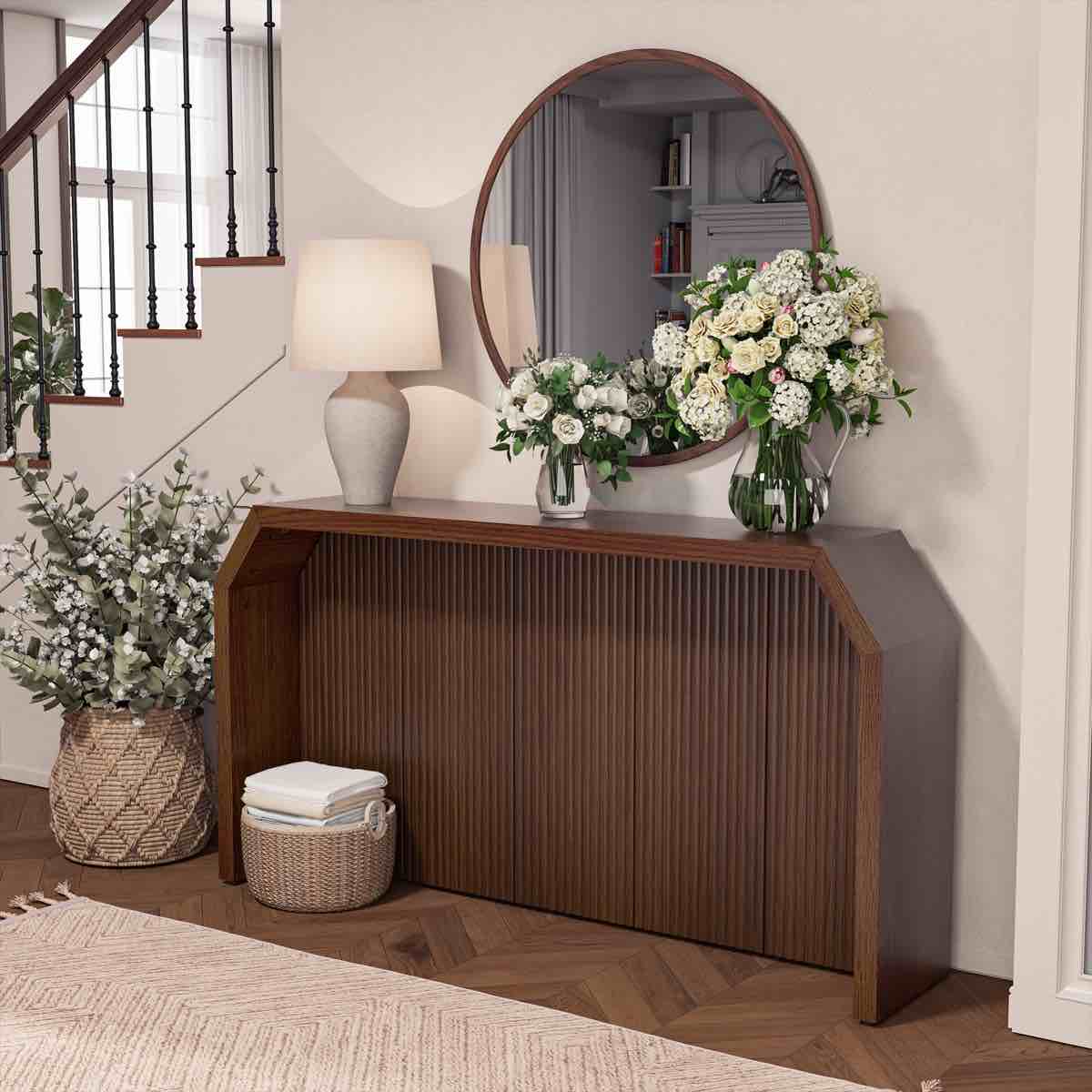 Condition photo showing Good Condition for 55.9'' l fluted wood console table, modern entryway foyer table for hallway & living room by latitude run®