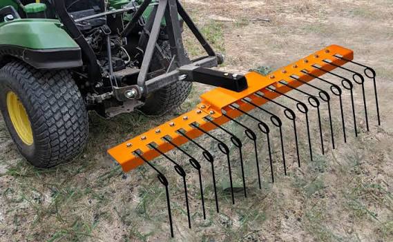 Condition photo showing New/Like New for 48 in durable pine straw rake steel spring landscape rake fits 2 in receiver for lawn tractors or atv/utv, orange ytb5fc4601